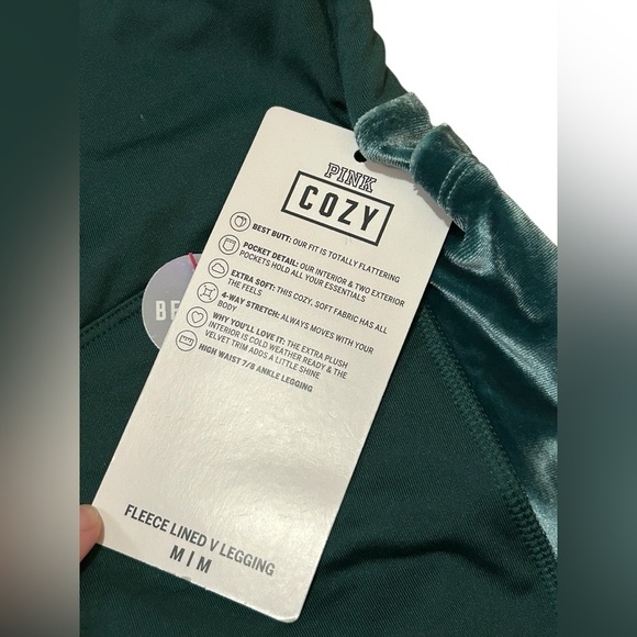 PINK Victoria's Secret Cozy Velvet Velour Fleece Lined Leggings Size M Green NWT - Picture 4 of 9